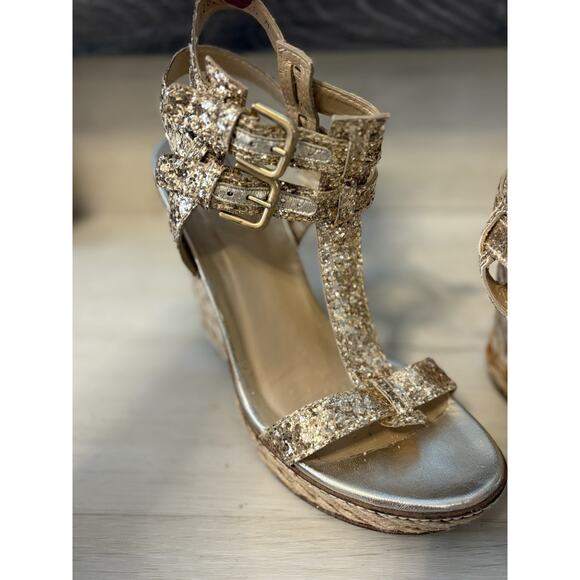 Stuart Weitzman Wedge Sandals Gold Glitter Slingbacks Espadrilles Women’s 7.5 - Picture 5 of 5